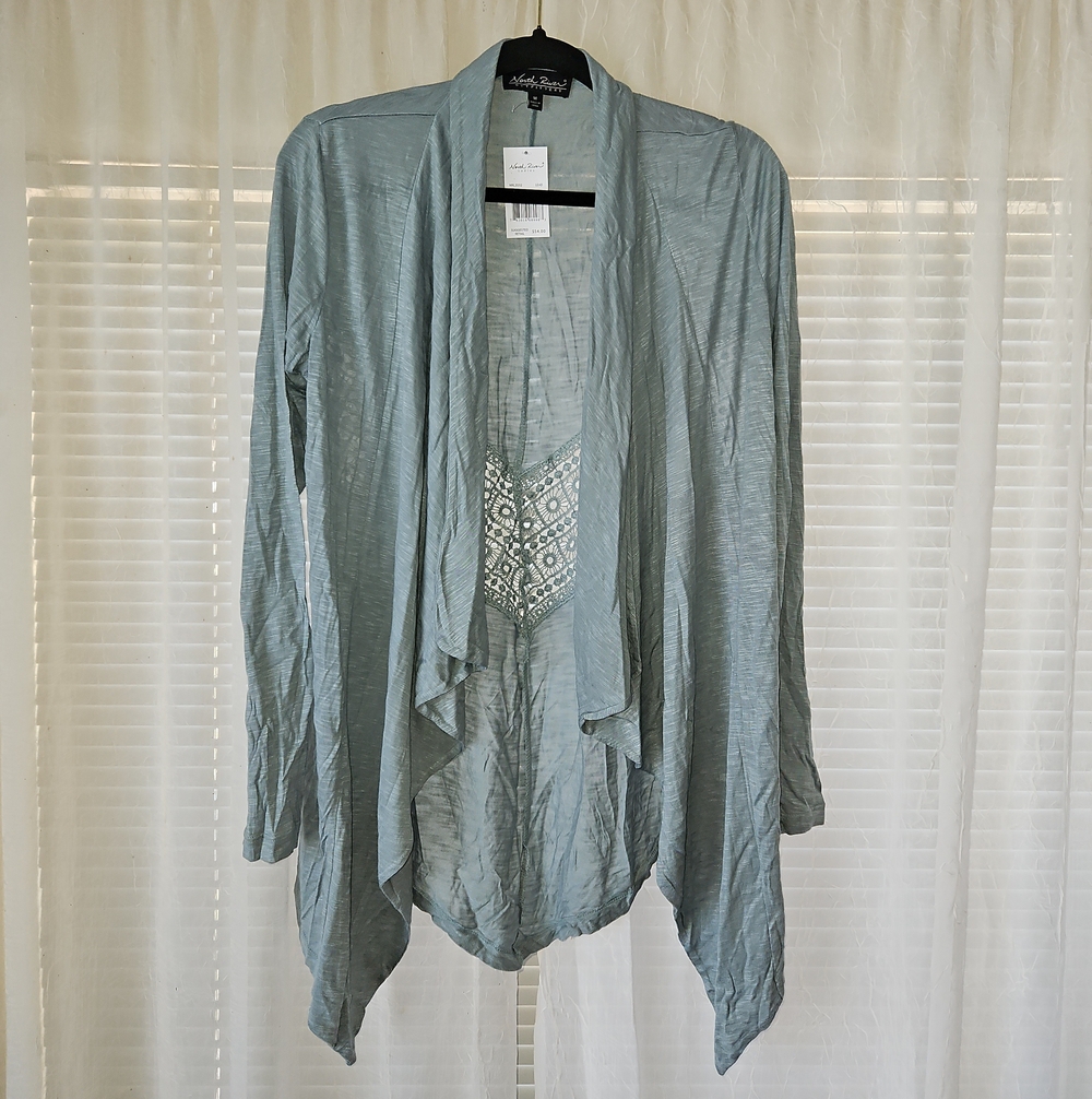 North River Outfitters Light Seafoam Open-Front Draped Cardigan with Lace Inset